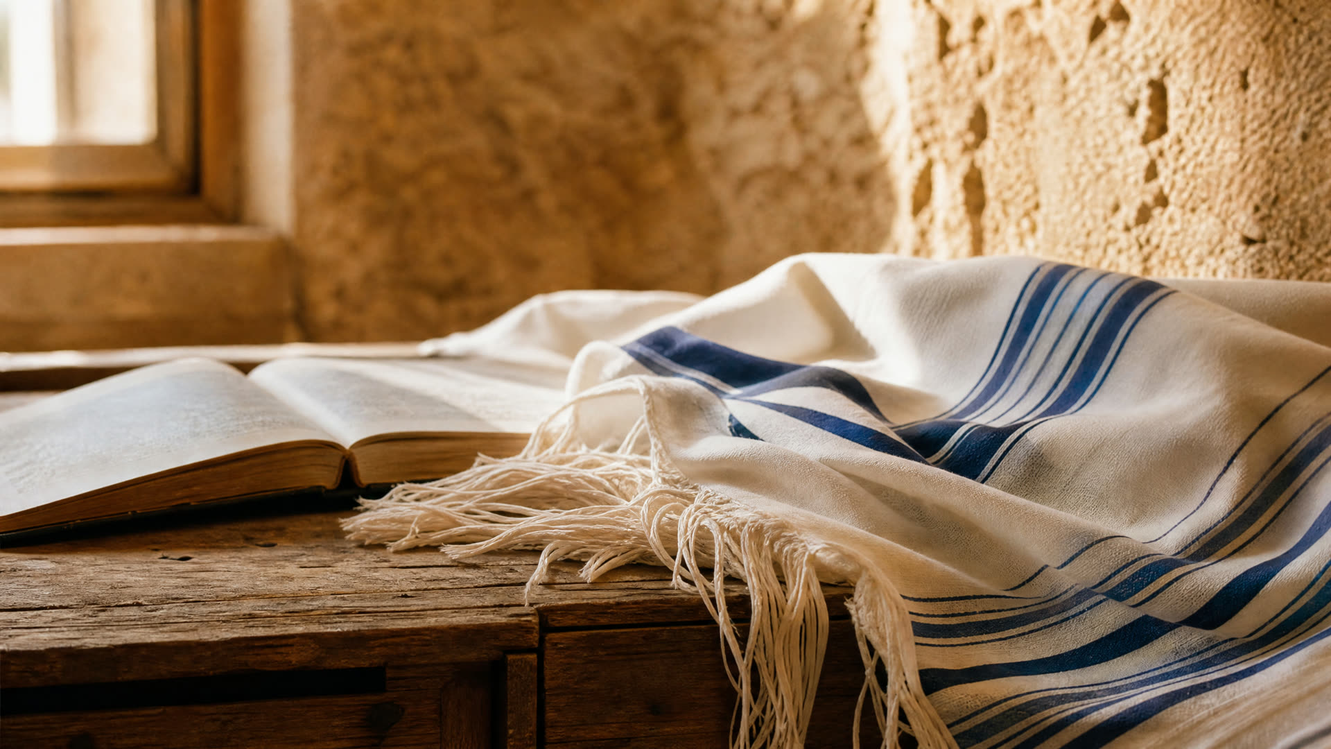 טלית על שולחן עץ לאור חלון